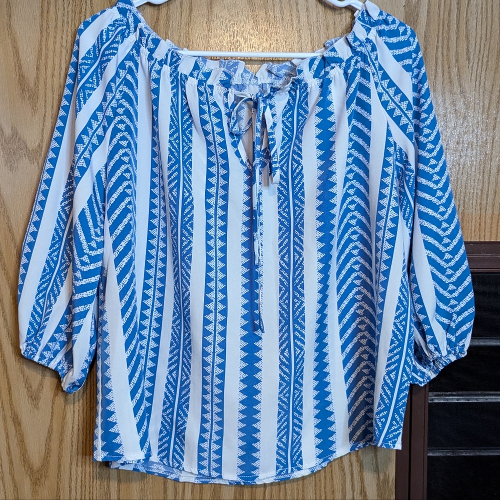 SHEIN Blue & White Boho Peasant Blouse | Size Small (US 4 / EU 36)